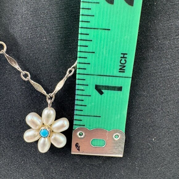 Vtg 18" Freshwater Pearl Necklace Sterling 925 w/Pearl Daisy & Turquoise Pendant - Picture 4 of 16